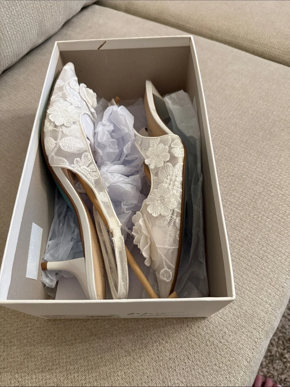 Wedding Ivory Floral Embellished Slingback Pumps - Something Blue. Betsy Johnson